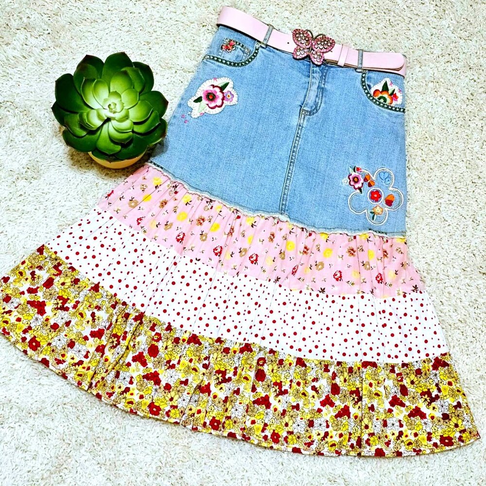 Skirt. Denim Pink Yellow Multi Tiered Floral Pattern. Upcycled Girls Size 10 GUC